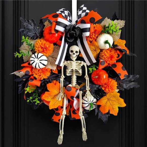 Skull Wreath Halloween Door Hanging with Skeleton Center, Orange Pumpkins - Picture 2 of 6